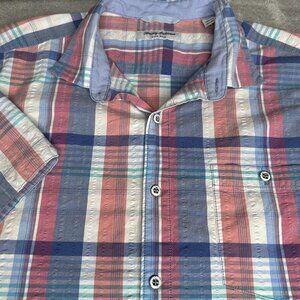 Tommy Bahama Nova Wave Shirt Mens XL Blue Plaid Stretch Short Sleeve Button Up